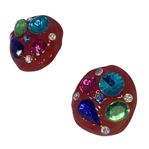 VTG Don Lin Pink Rhinestone Statement Earrings Lucite 80s Pop Art - Picture 5 of 13